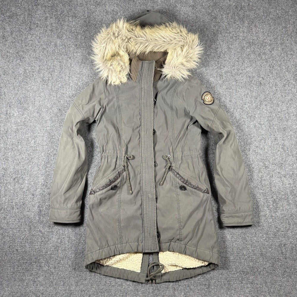 Abercrombie Fitch Utility Parka Jacket Small Gray Sherpa Lined Faux Fur Hood